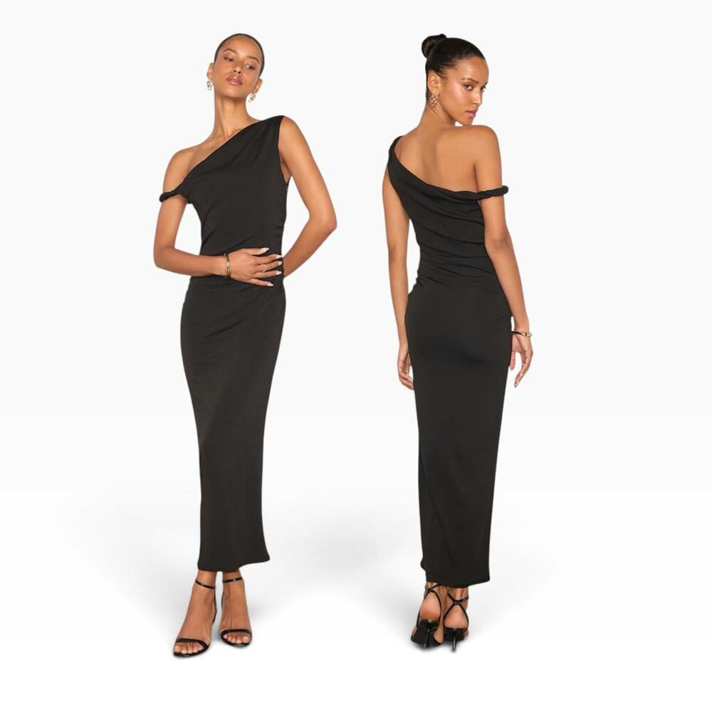 Lulus Fauna Black Twisted One-Shoulder Bodycon Midi Dress size XL NWT